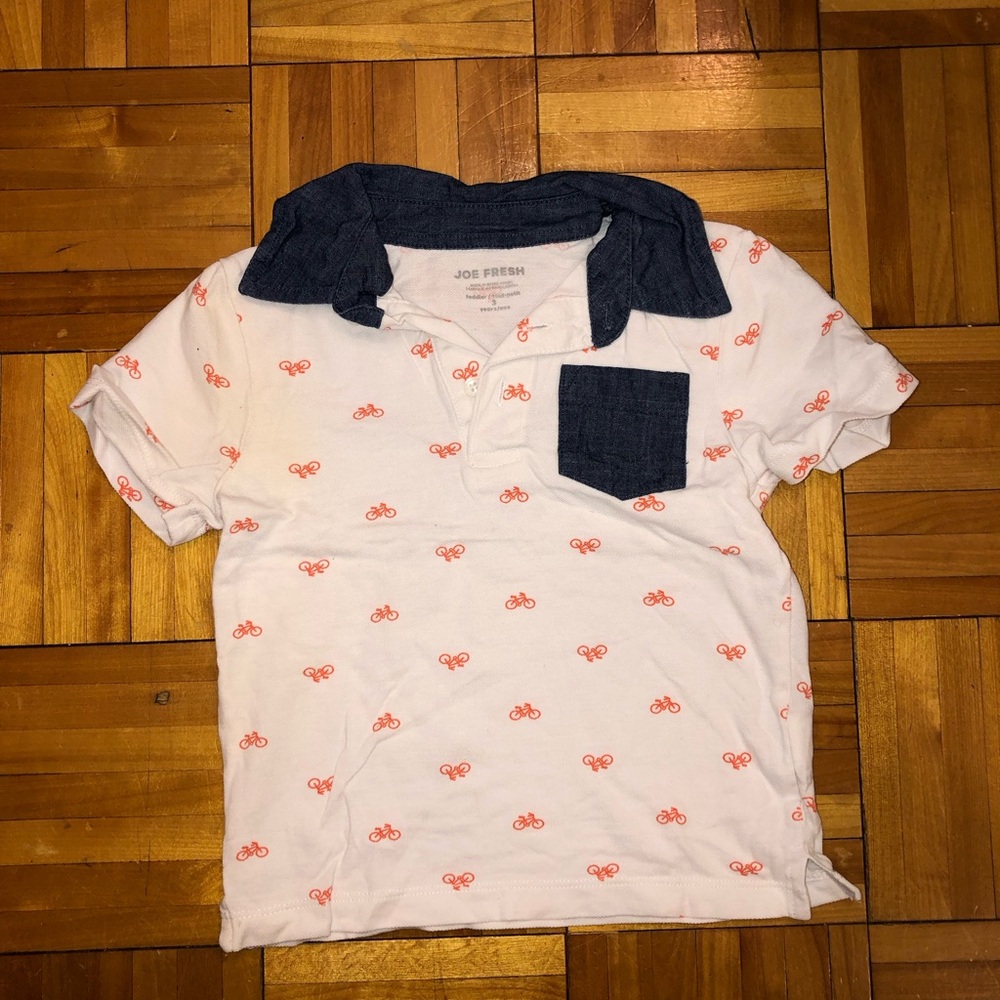 Joe Fresh | white shirt sleeve polo with orange bicycles